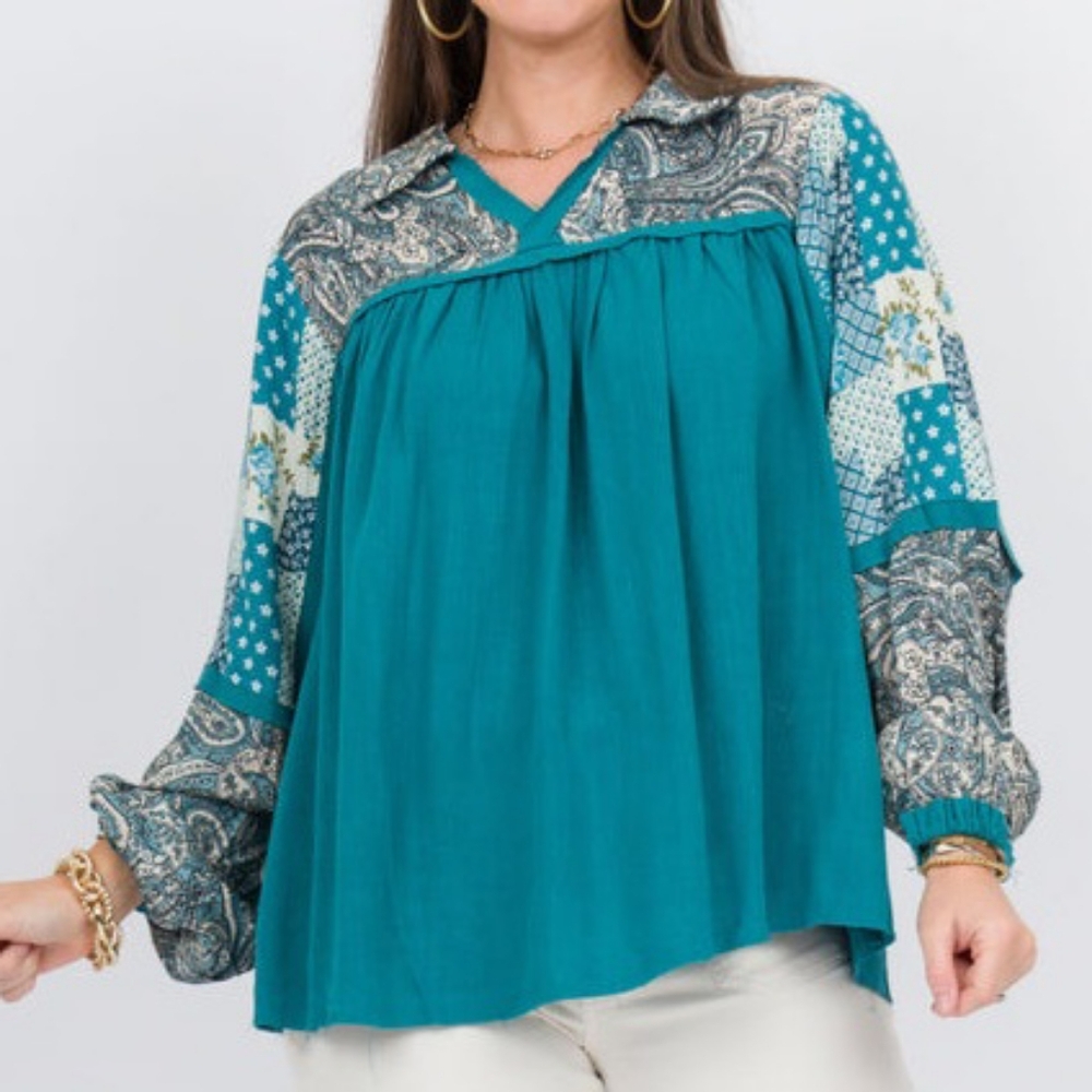 Easel Linen Blend Distressed Multimedia Boho Peasant Blouse Top Sz Med Turquoise